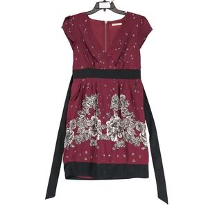 Darling Burgundy Floral A-Line Mini Dress Sz M Pockets Tie-Sash Dark Academia